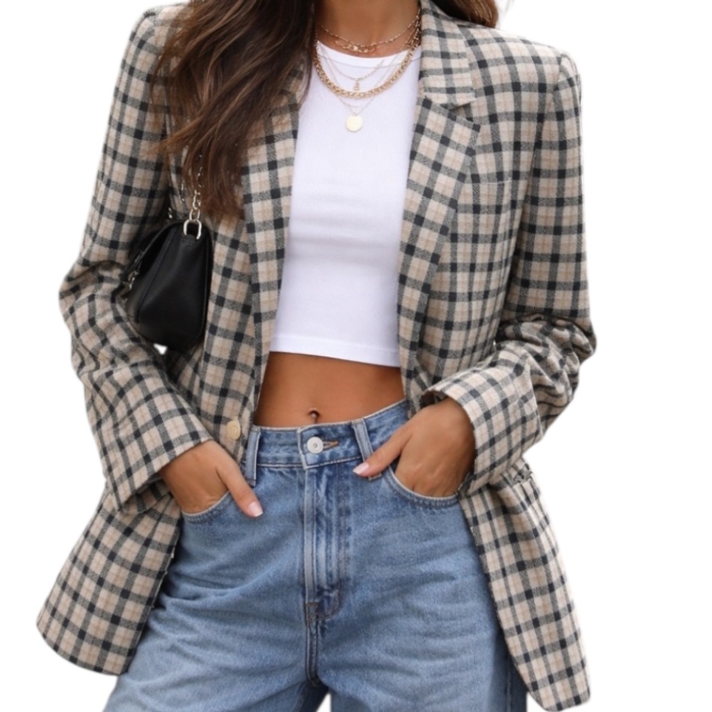 Vintage 100% Luxe Linen Black & Ivory Plaid Structured Lined Blazer Jacket 8